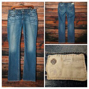 Silver Jeans 32 14 Long Suki Mid Straight Dark Wash Denim Stretch Distressed